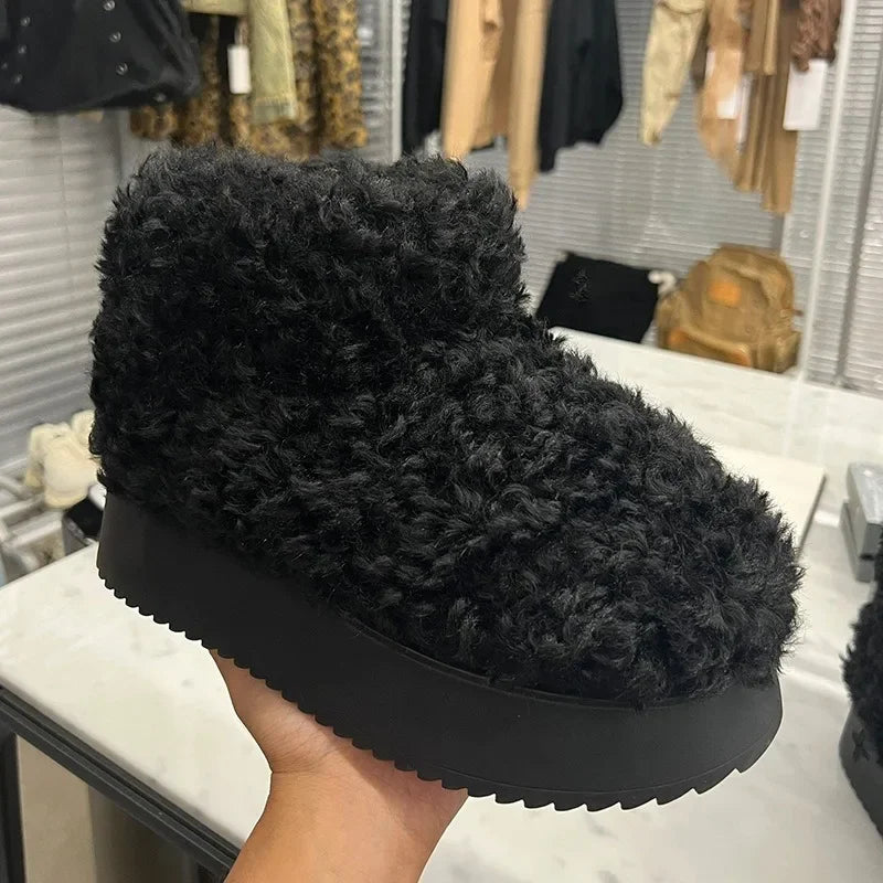 Leather Fur Integrated Thick Sole Plush Short Tube Snow Boots for Women's Winter Plush Teddy Curly Fur Medium Tube Cotton Boots