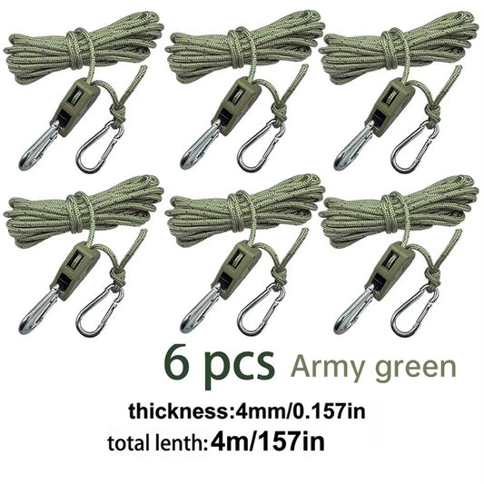 4M 6Pcs Reflective Tent Rope Set – Camping Guy Lines with Tension Buckles, Ratchet Hangers & Awning Tie-Downs, Outdoor