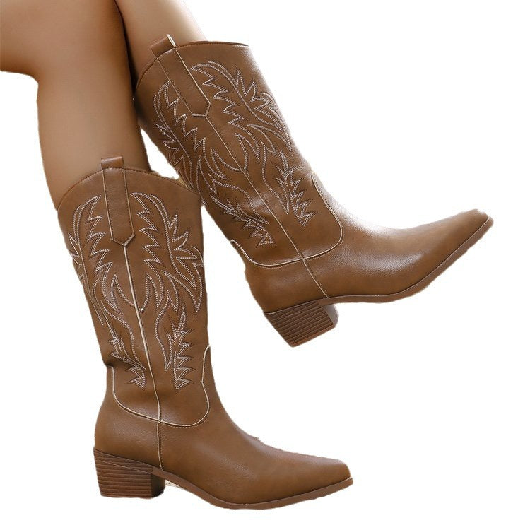 Vintage Tribal Pattern Chunky Heel Ankle Boots for Women with Embroidery Round Toe Martin Boots
