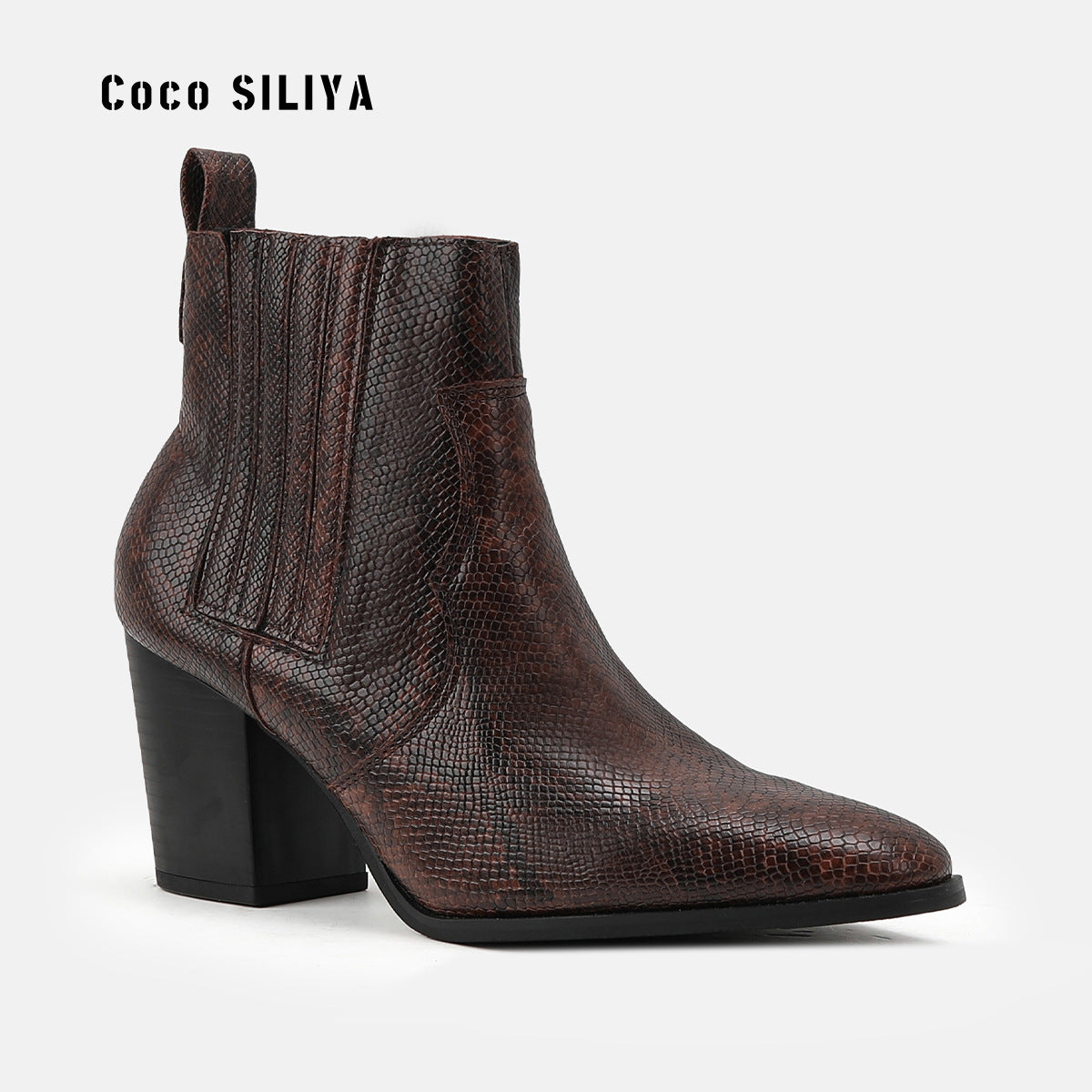 Large Size Short Boots British Style Martin Boots Thick With High Heel Pointed And Naked Boots Snakeskin Pattern