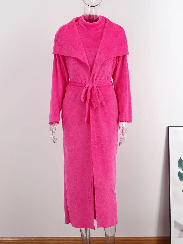 Women Long Cardigan Dress 2 Piece Set