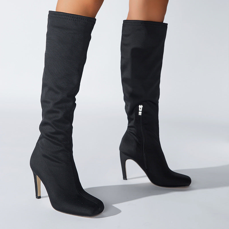 Oversized Widened Knee Length Boots High Rise Flat Bottomed