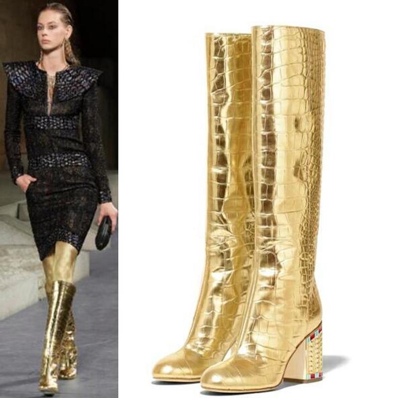 Womens Pointy Toe Crocodile Pattern Golden Bling Rhinstones