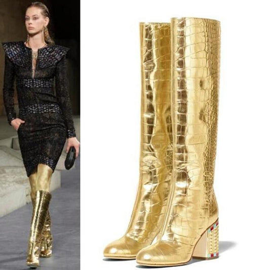 Womens Pointy Toe Crocodile Pattern Golden Bling Rhinstones