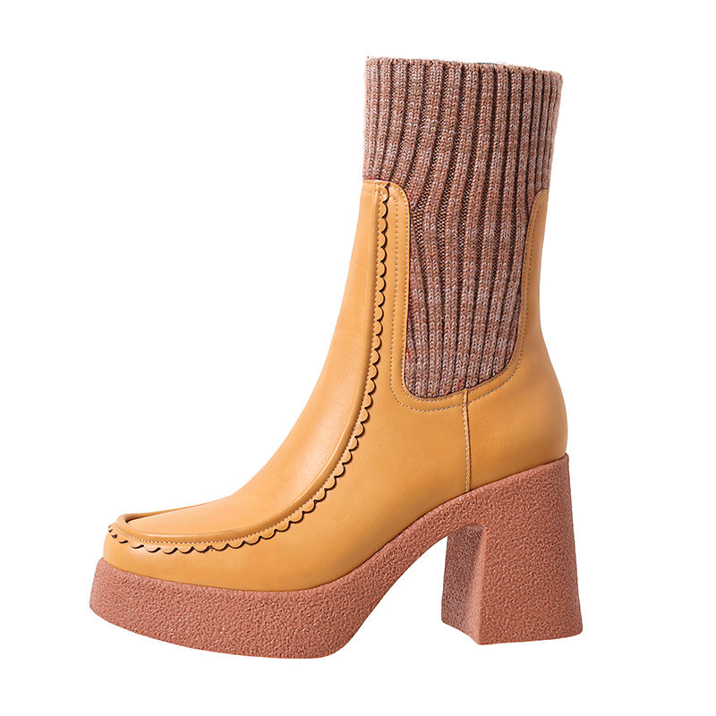 New Brand Genuine Leather Women's Shoes Chunky High Heels Platform