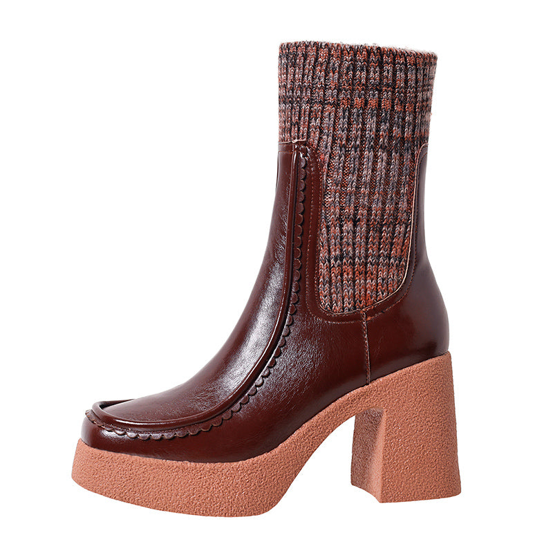 New Brand Genuine Leather Women's Shoes Chunky High Heels Platform