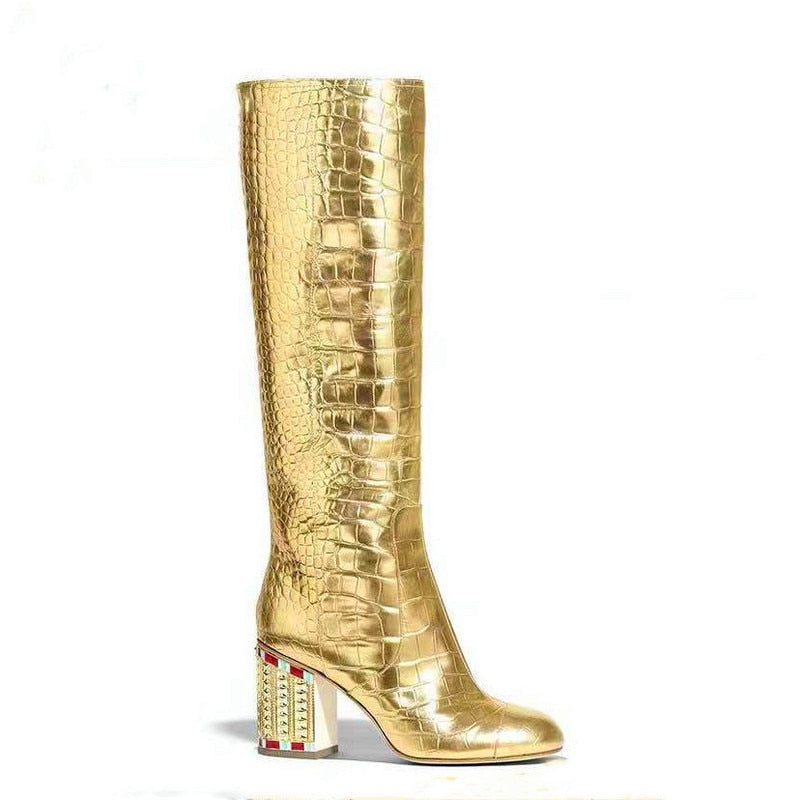 Womens Pointy Toe Crocodile Pattern Golden Bling Rhinstones