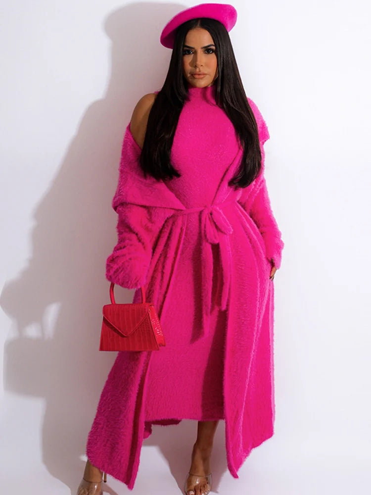 Women Long Cardigan Dress 2 Piece Set