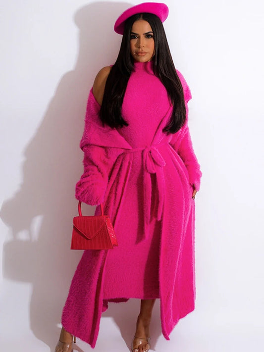 Women Long Cardigan Dress 2 Piece Set