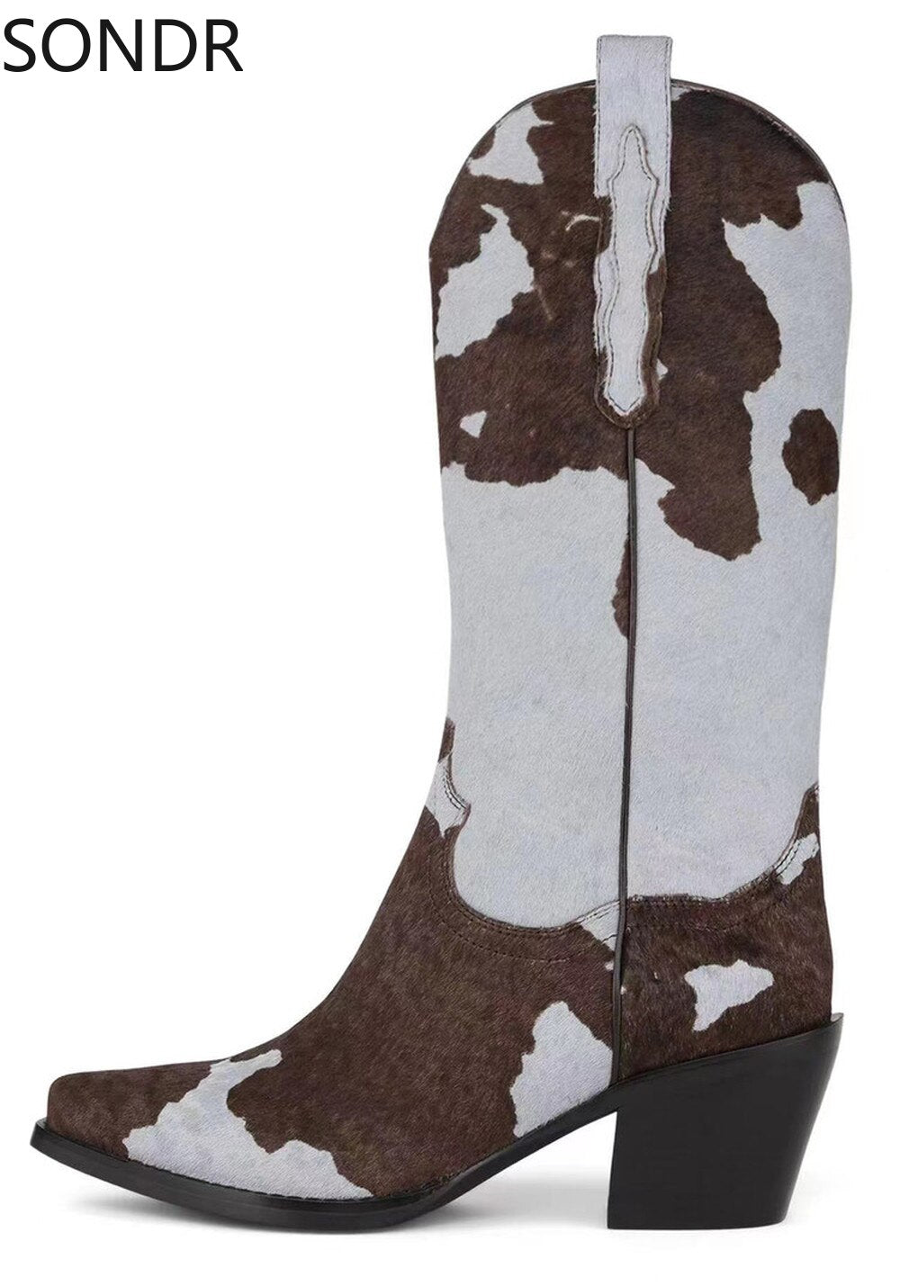Women Pointed Toe Real Horse Fur Mid Calf Boots Chunky Heel Shoes Genuine