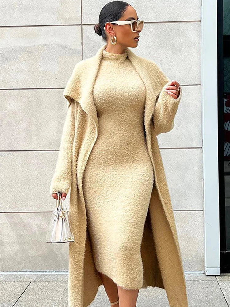 Women Long Cardigan Dress 2 Piece Set