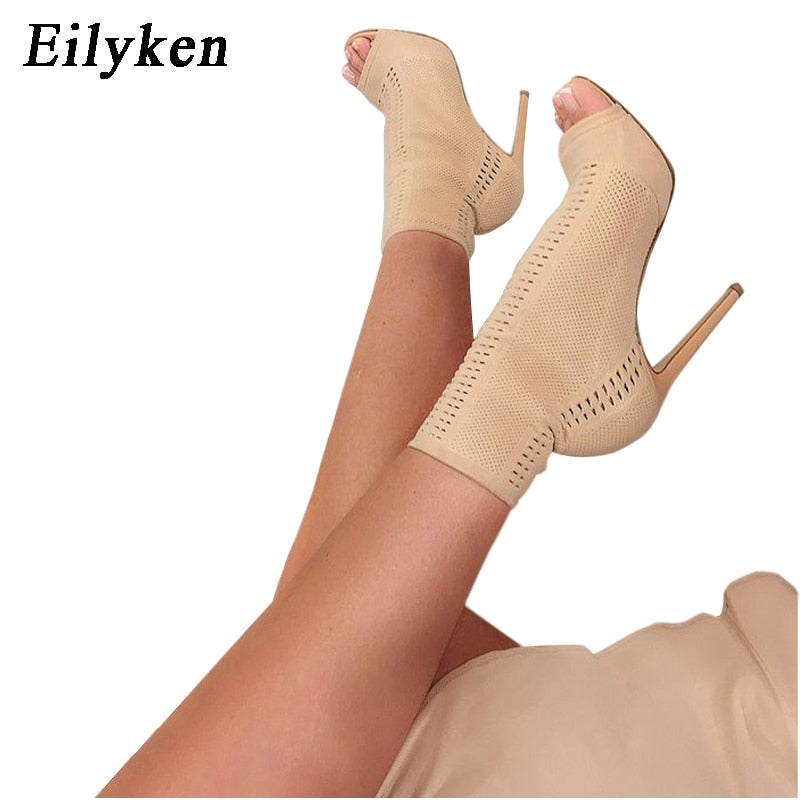 Womens Boots Green Elastic Knit Sock Boots Ladies Open Toe High Heels Fashion Kardashian Ankle Boots Women Pumps