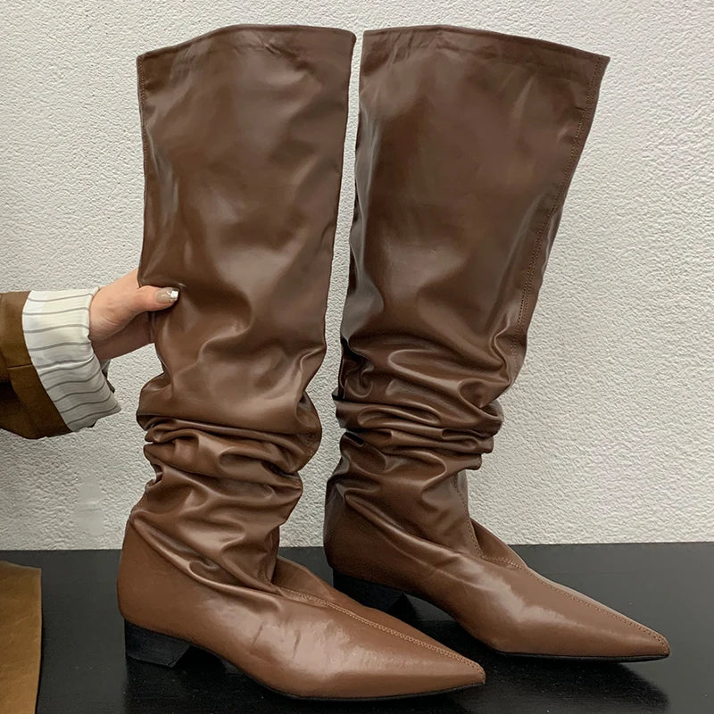 Footwear Knee High Boots Low Heel Shoes For Ladies Pointed Toe Female Fashion Pleated Women Long Western Boots Golden Shoes