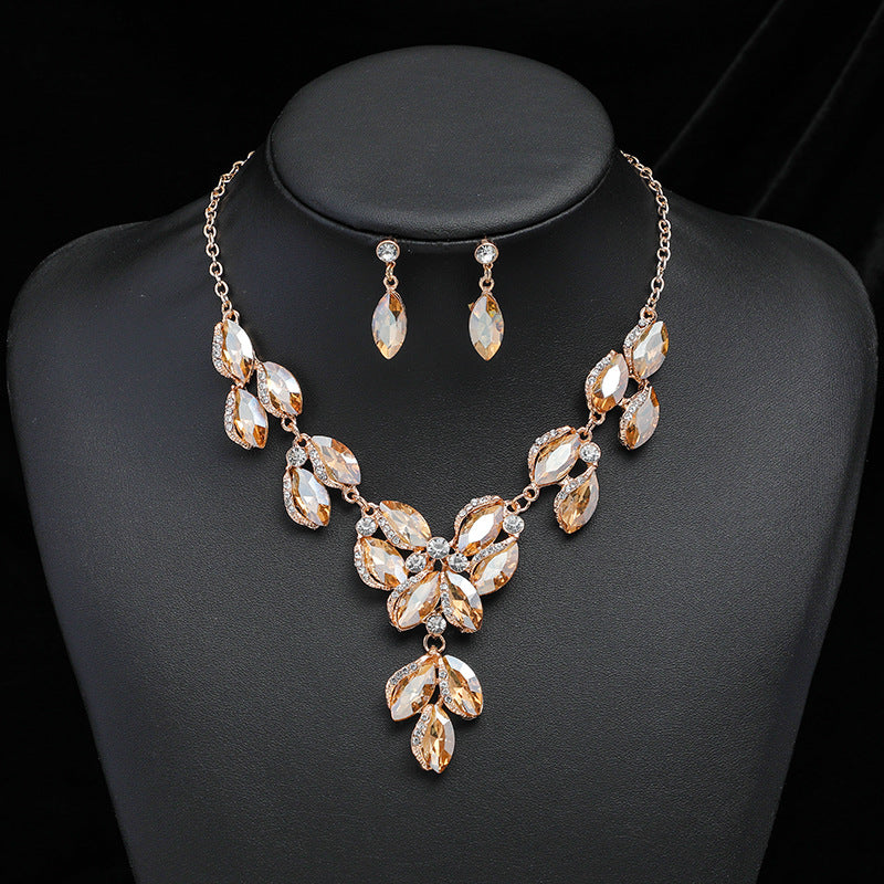 Jewelry Necklace Earring Set Female Electroplating Alloy New Exaggerated Fashion Artificial Gem Bride Jewelry