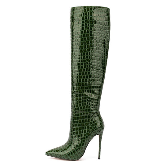 Fashion Sexy Knee Leather Boots Snake Pattern Pointed Toe Stiletto Women's High Boots