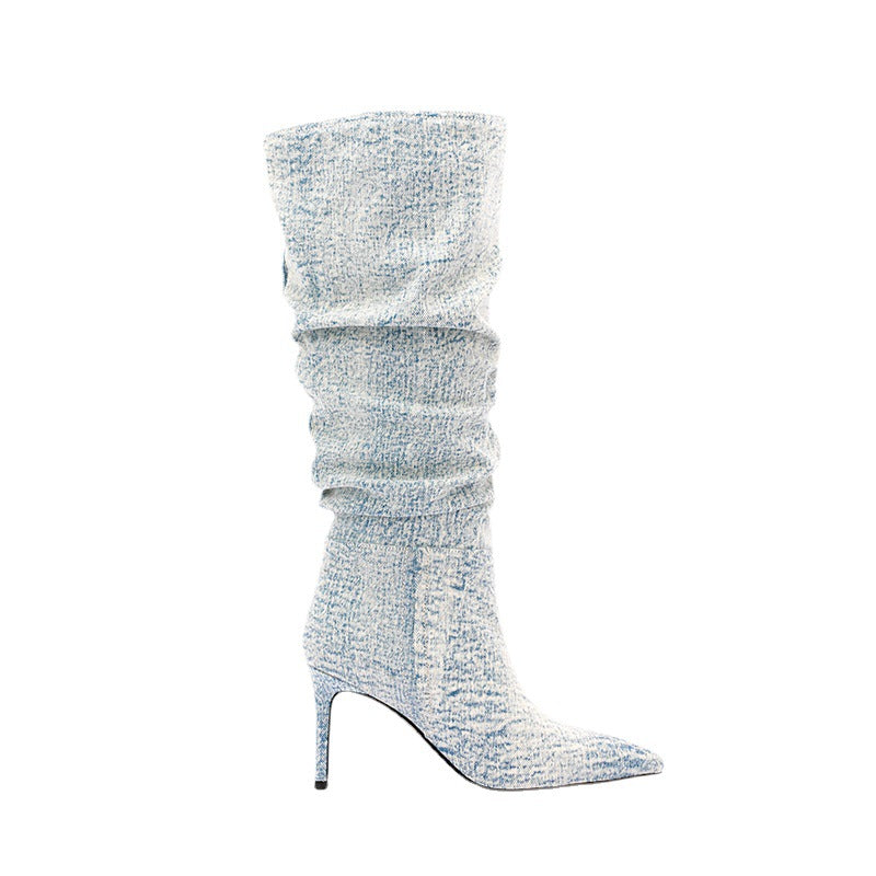 Women Ethnic Denim Jeans Mid Calf Boots Stilettos High Heel Shoes