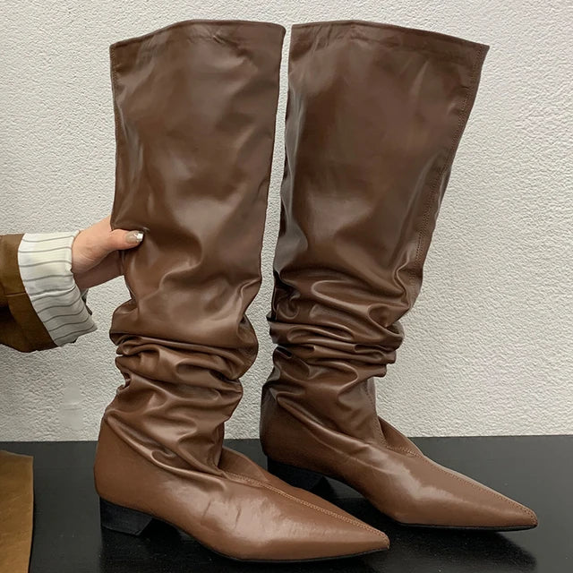 Footwear Knee High Boots Low Heel Shoes For Ladies Pointed Toe Female Fashion Pleated Women Long Western Boots Golden Shoes
