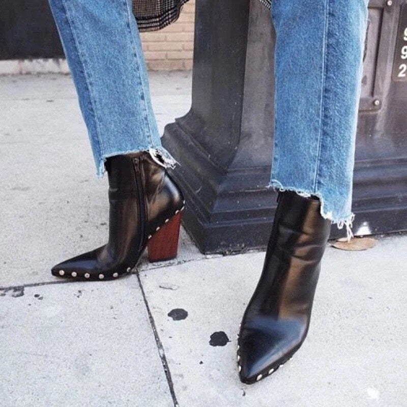 White Black Pointed Square Root Women's Ankle Boots Trend New Fashion Women's Ankle Boots Comfortable Non-Slip