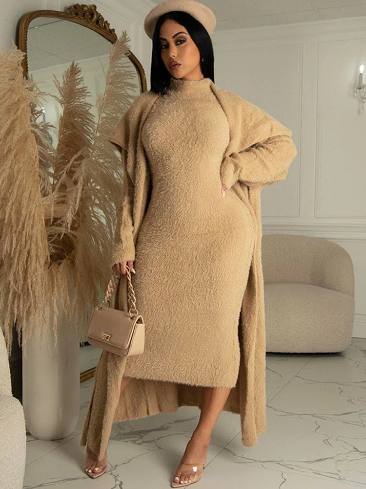 Women Long Cardigan Dress 2 Piece Set