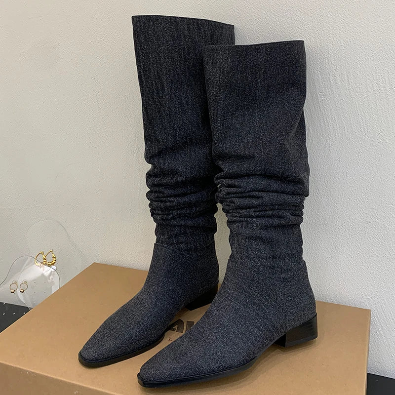 Modern Women Denim Knee High Boots New In Female Low Heel Footwear Fashion Pleated Ladies Western Long Boots Slip On Shoes
