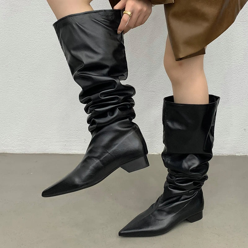 Footwear Knee High Boots Low Heel Shoes For Ladies Pointed Toe Female Fashion Pleated Women Long Western Boots Golden Shoes