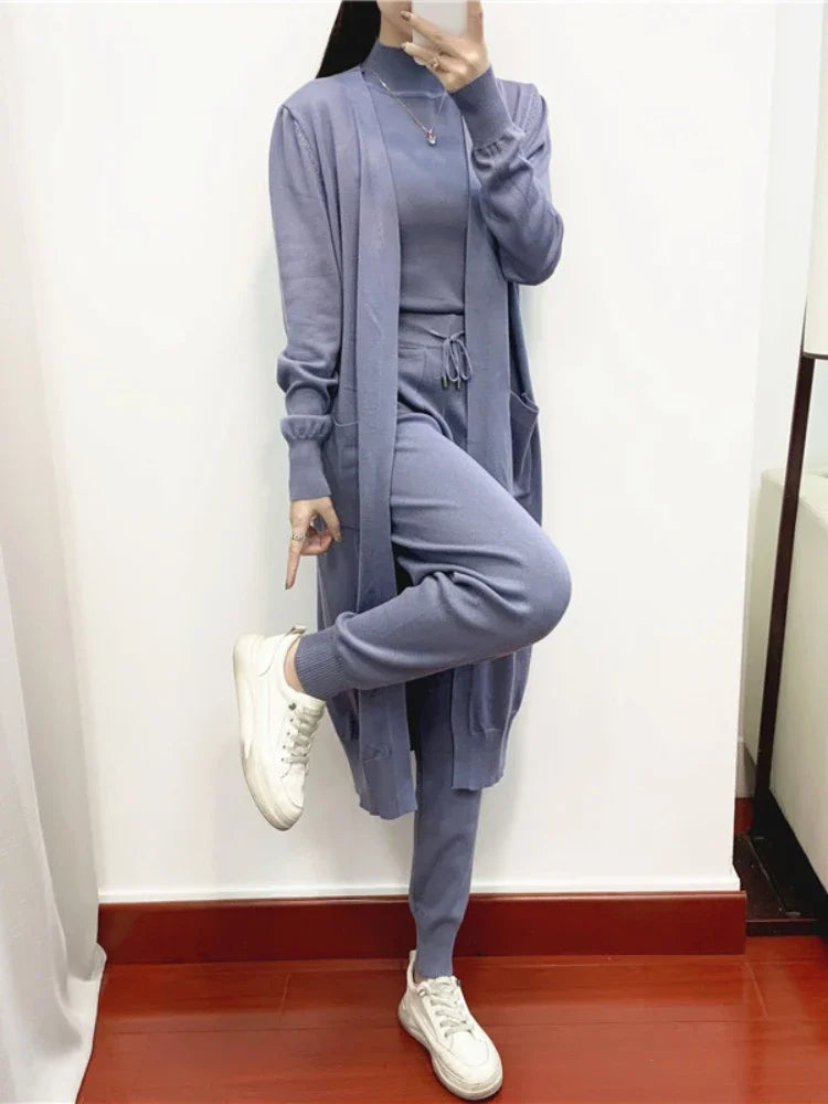 3 Piece Sets Womens Outifits Autumn Casual Solid Knit Suit Cardigan Vest Pants Sets Matching Sets Korean Fashion Womens Clothing