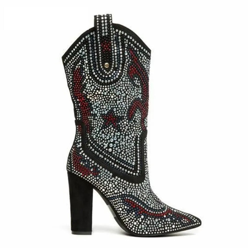 Pointed Boots Women Sexy Rhinestone Western Cowboy Suede Crystal Boots Black Chunky High Heels Women's Shoes