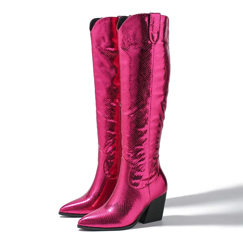 Cowgirl Women Knee-High Boots Fashion Zipper Pointed Toe Chunky Low Square Heels