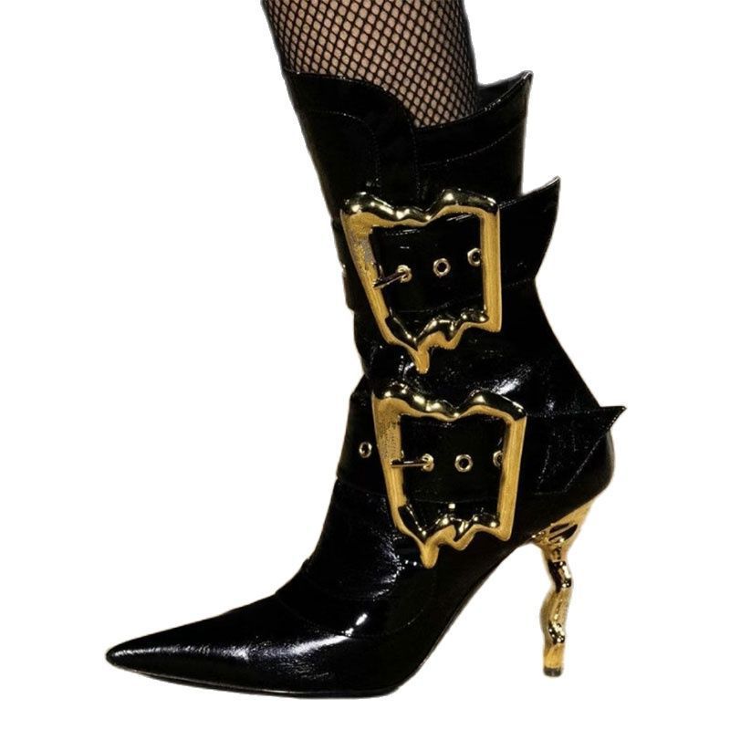 Women's New Fashion Knee Length Boots Pointed Belt Buckle Side Zipper Sexy Show Party Banquet Women's Medium Boots Ladies