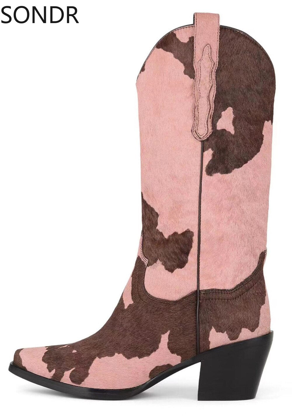 Women Pointed Toe Real Horse Fur Mid Calf Boots Chunky Heel Shoes Genuine