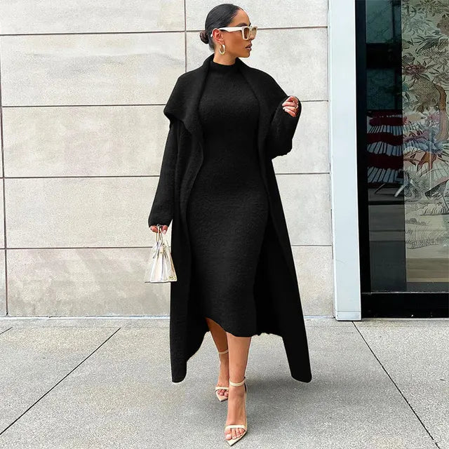 Women Long Cardigan Dress 2 Piece Set