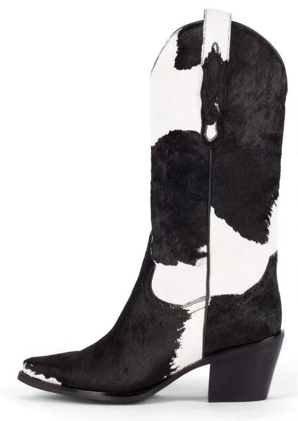 Women Pointed Toe Real Horse Fur Mid Calf Boots Chunky Heel Shoes Genuine