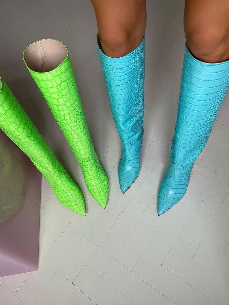 New Women Pointed Toe Crocodile Pattern Knee Thigh Boots Stilettos High Heel
