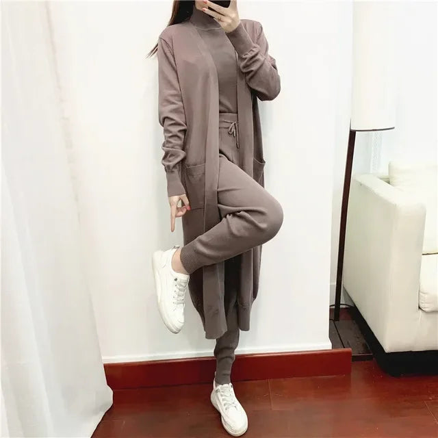 3 Piece Sets Womens Outifits Autumn Casual Solid Knit Suit Cardigan Vest Pants Sets Matching Sets Korean Fashion Womens Clothing