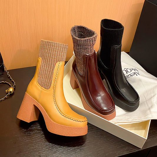 New Brand Genuine Leather Women's Shoes Chunky High Heels Platform