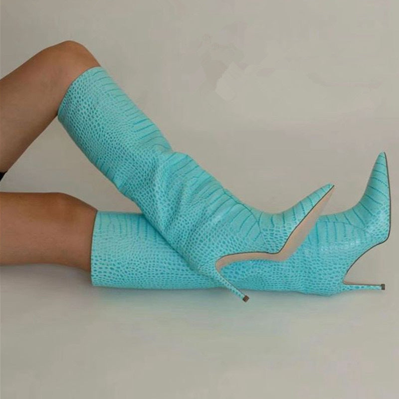 New Women Pointed Toe Crocodile Pattern Knee Thigh Boots Stilettos High Heel