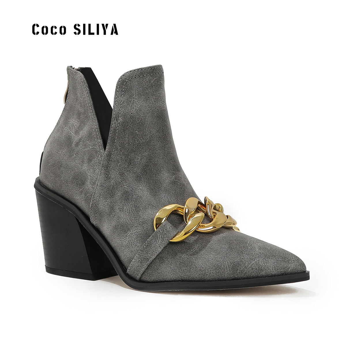 New Trend Female Short Boots Naked Martin Boots Fashion Thick With Pointed Toe Hundred With Chain High Heels