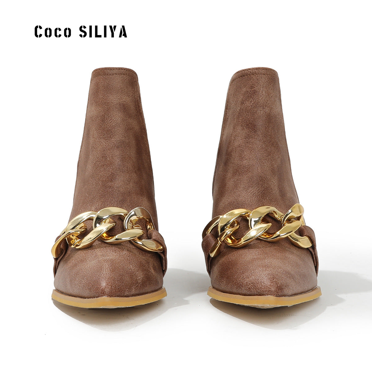 New Trend Female Short Boots Naked Martin Boots Fashion Thick With Pointed Toe Hundred With Chain High Heels