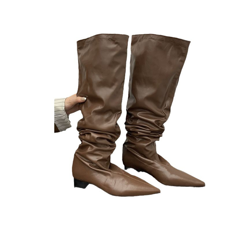 Footwear Knee High Boots Low Heel Shoes For Ladies Pointed Toe Female Fashion Pleated Women Long Western Boots Golden Shoes