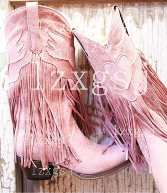Fashion Women Cowboy Boots Retro Tassel Mid Boots Thick Heel Pointed Toe Western Woman Boots