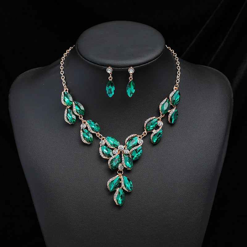 Jewelry Necklace Earring Set Female Electroplating Alloy New Exaggerated Fashion Artificial Gem Bride Jewelry