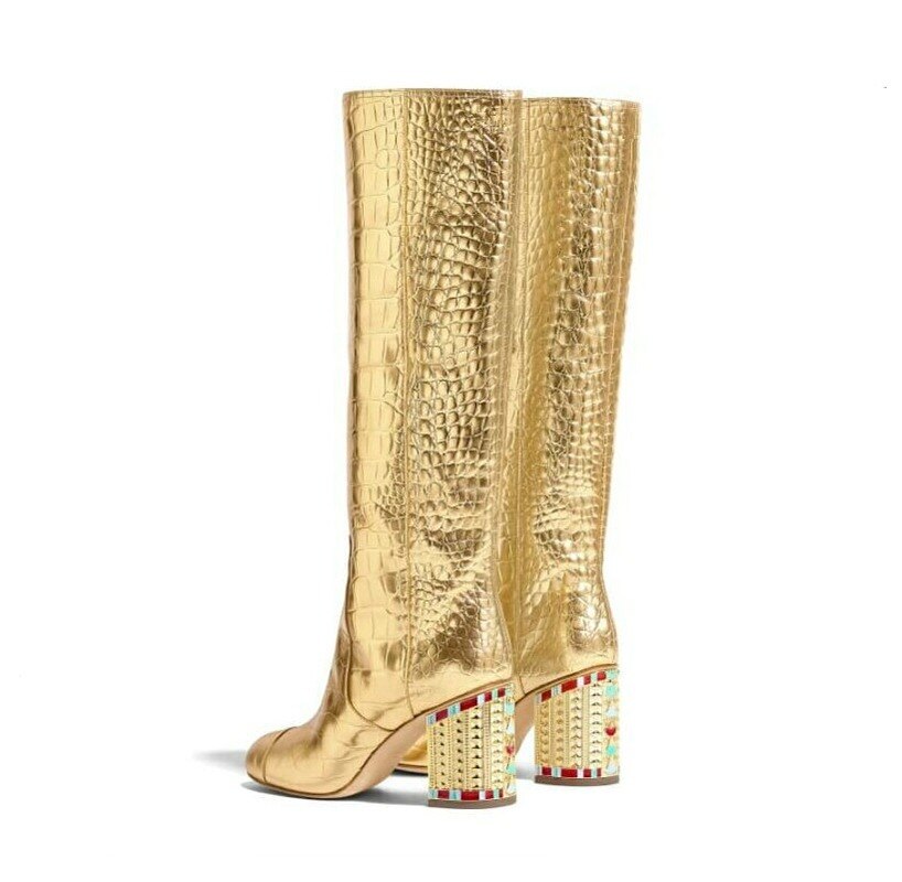 Womens Pointy Toe Crocodile Pattern Golden Bling Rhinstones