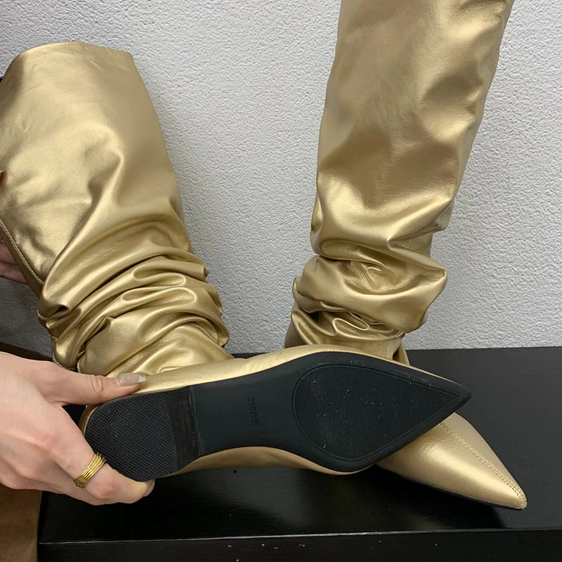 Footwear Knee High Boots Low Heel Shoes For Ladies Pointed Toe Female Fashion Pleated Women Long Western Boots Golden Shoes