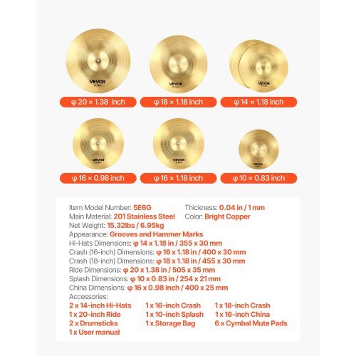 Cymbal Pack, 6 Pieces Cymbals for Drum Set