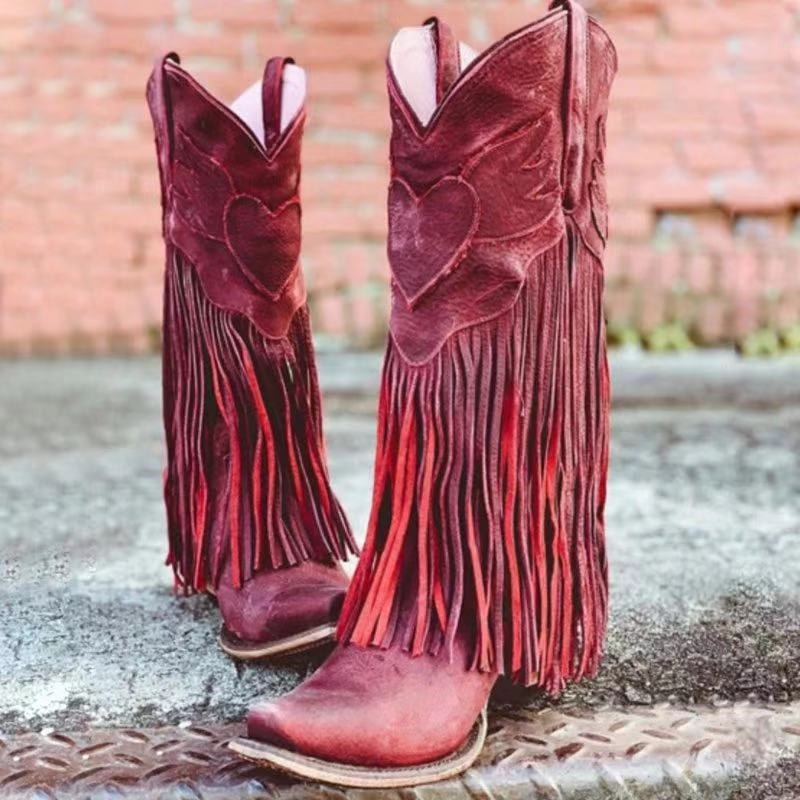 Fashion Women Cowboy Boots Retro Tassel Mid Boots Thick Heel Pointed Toe Western Woman Boots