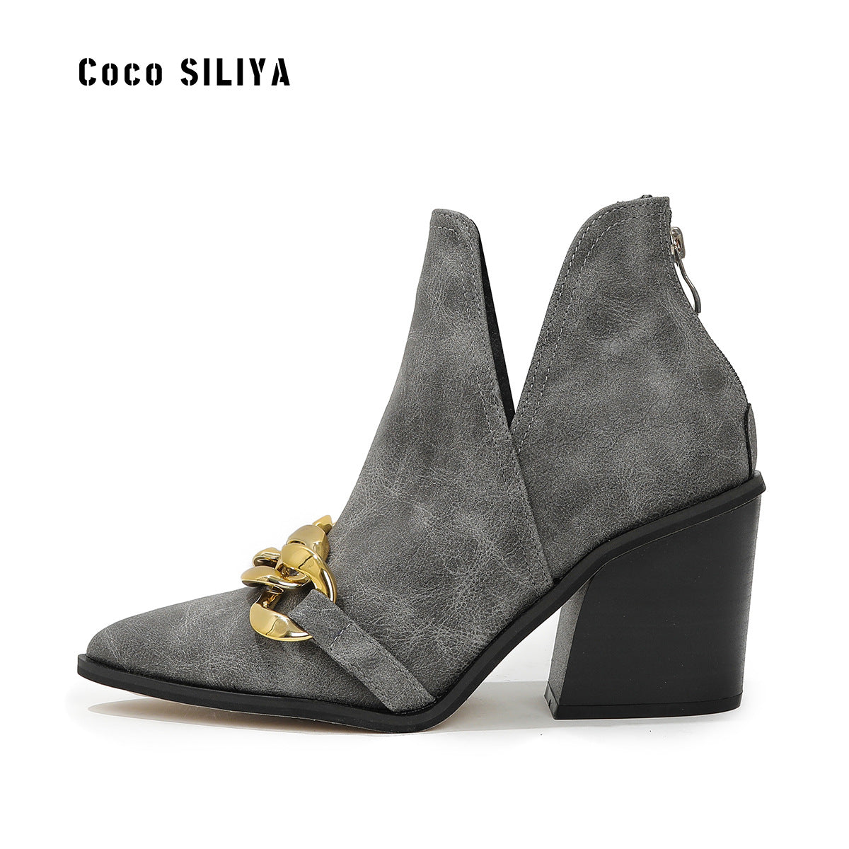 New Trend Female Short Boots Naked Martin Boots Fashion Thick With Pointed Toe Hundred With Chain High Heels