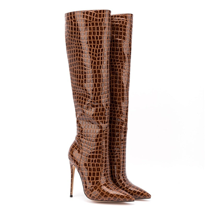 Fashion Sexy Knee Leather Boots Snake Pattern Pointed Toe Stiletto Women's High Boots