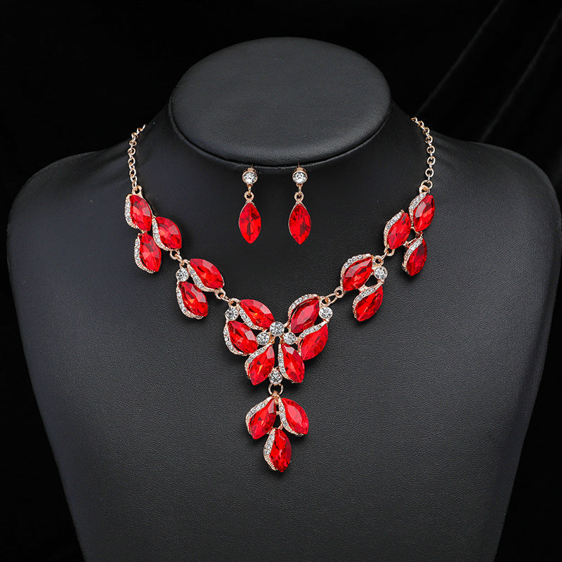 Jewelry Necklace Earring Set Female Electroplating Alloy New Exaggerated Fashion Artificial Gem Bride Jewelry