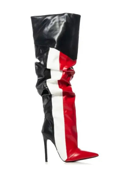 Patchwork Pointy Toe Boots Thin High Heels Boots Side Zipper Sexy Over Knee High Boots Autumn Party Dress Women Shoes New