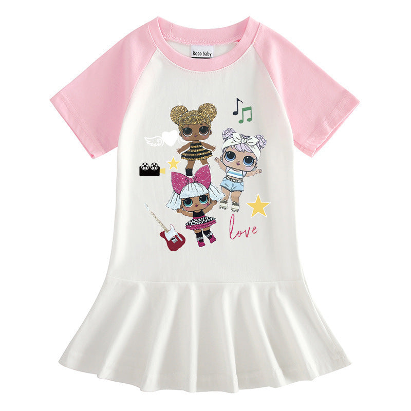 Surprise doll cartoon half sleeved girls' dress